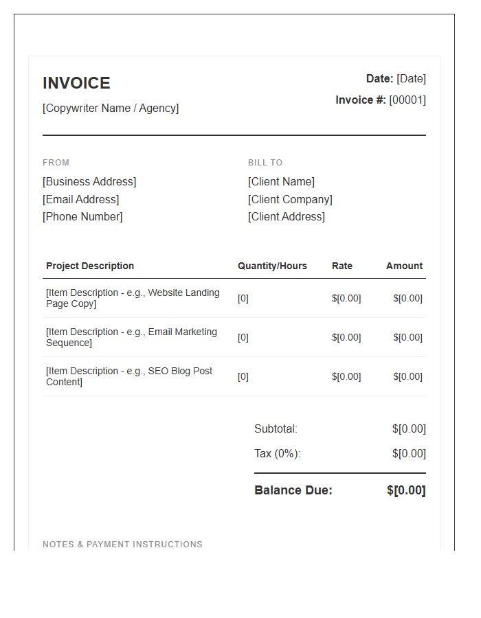 Professional Copywriting Services Project Invoice Template
