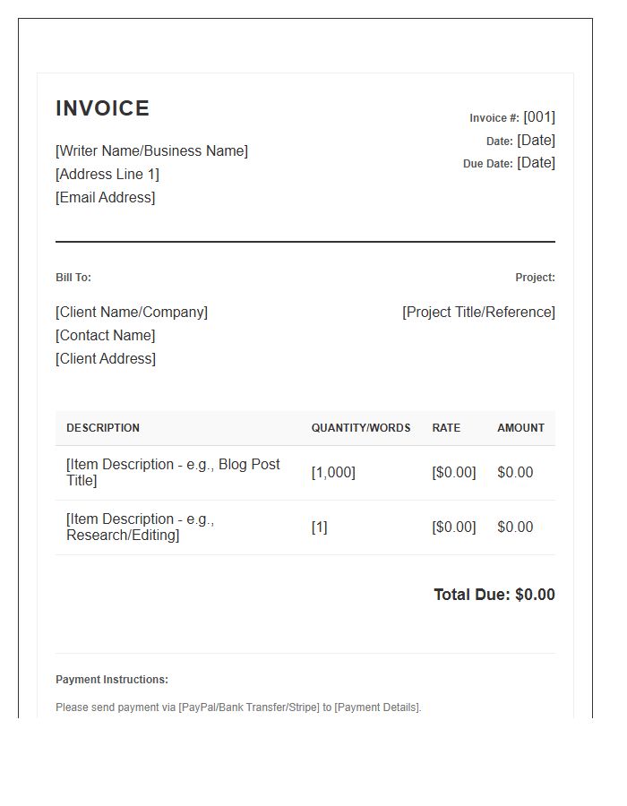 Professional Freelance Writer Project Invoice Template