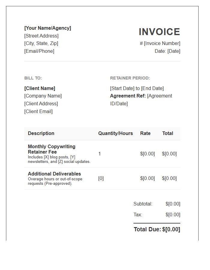 Standard Copywriting Retainer Agreement Invoice Template