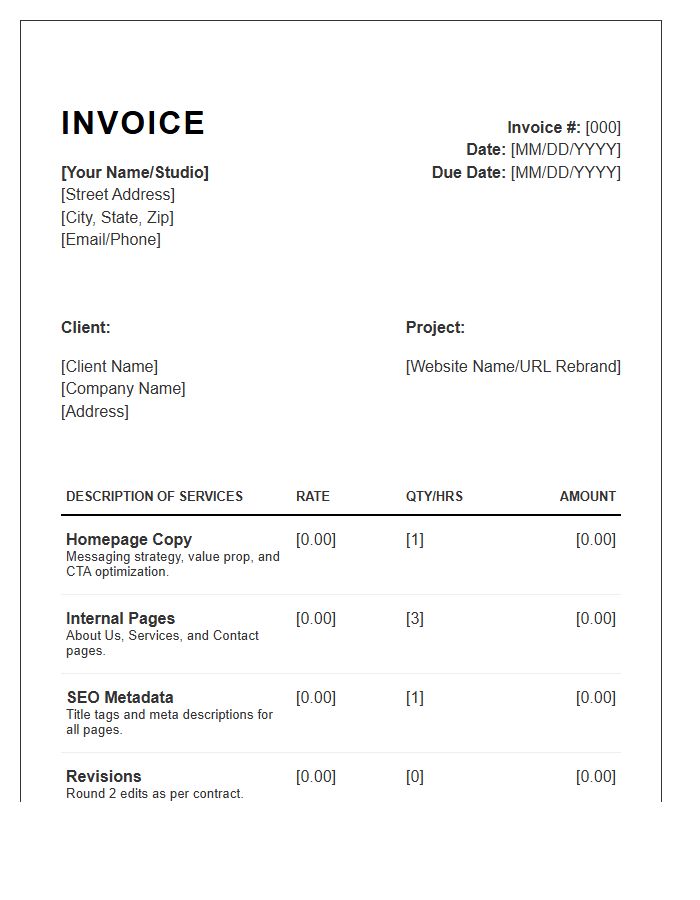 Website Copywriting Project Specific Invoice Template