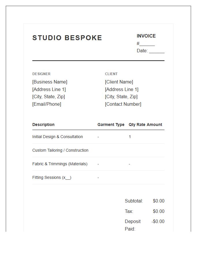 Bespoke Clothing Design Invoice Template