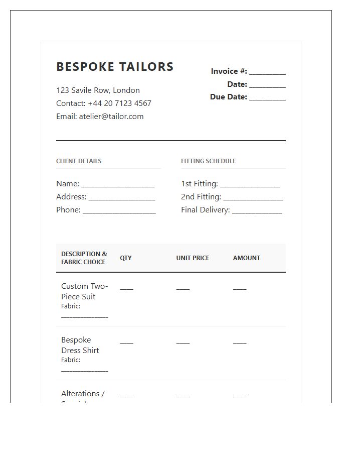 Bespoke Mens Tailoring Invoice Template