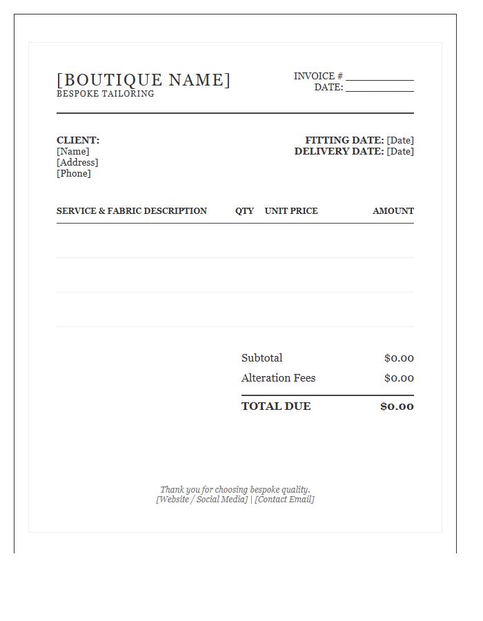 Boutique Tailoring Service Invoice Template