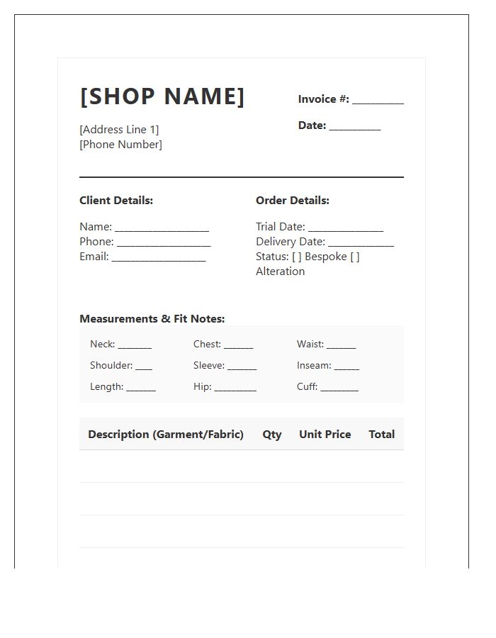 Custom Tailor Shop Billing Invoice Template