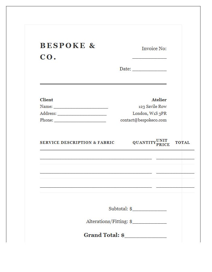 High End Tailoring Service Invoice Template