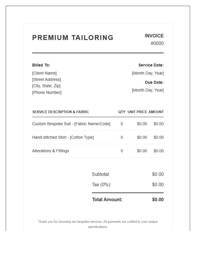 Premium Tailoring Service Invoice Template