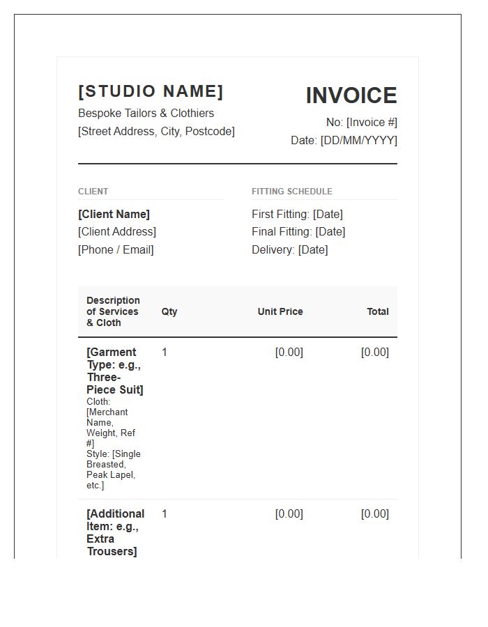 Professional Bespoke Tailoring Invoice Template