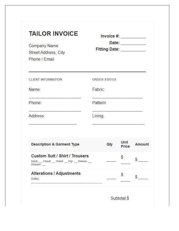 Tailor Made Garment Invoice Template