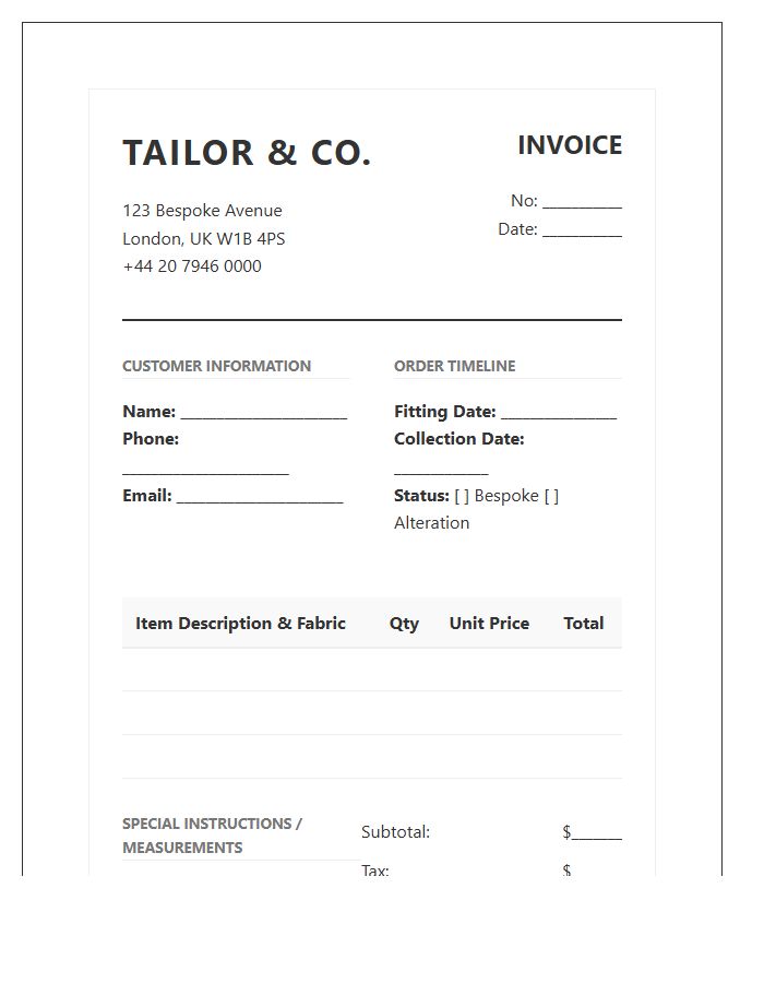 Tailor Shop Customer Invoice Template