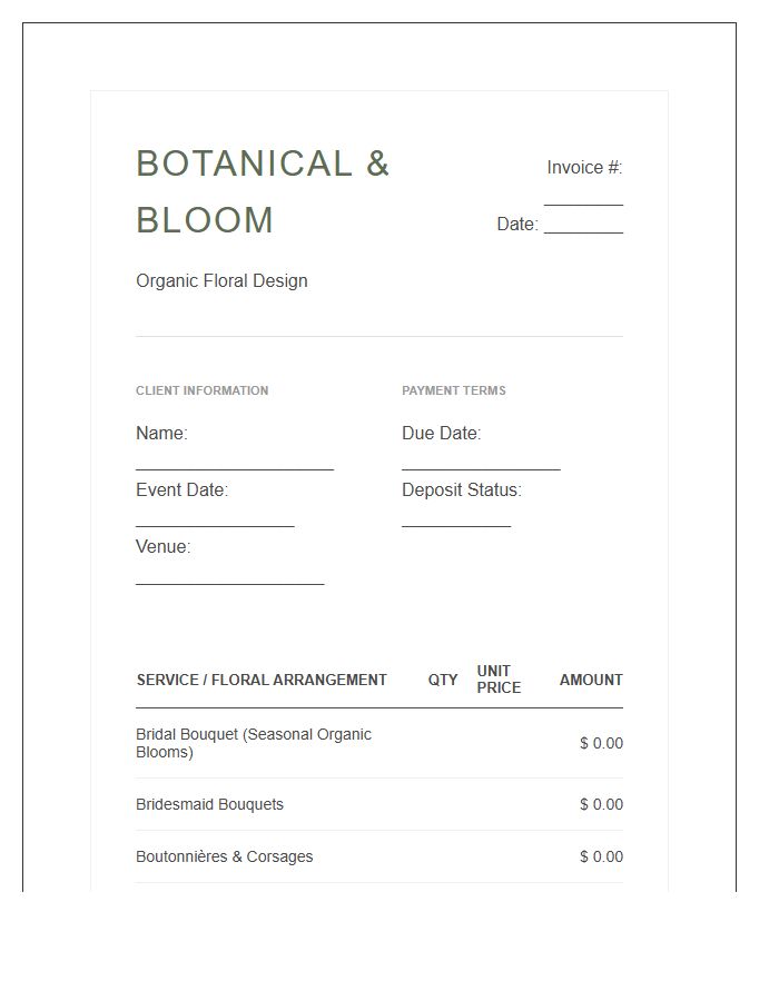 Organic Wedding Florist Invoice Template