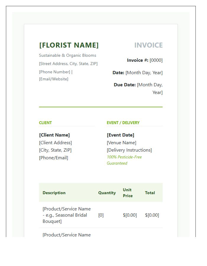 Professional Organic Florist Invoice Template