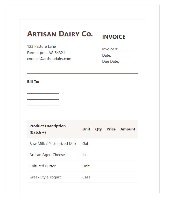 Artisan Dairy Producer Invoice Template