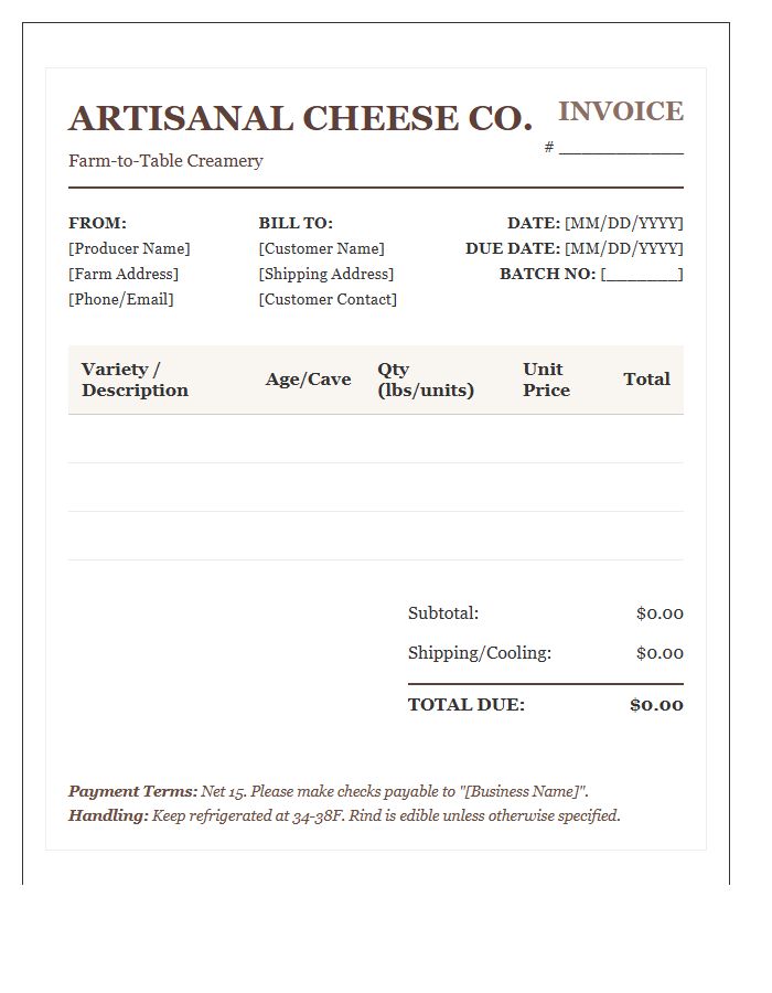 Artisanal Cheese Producer Invoice Template