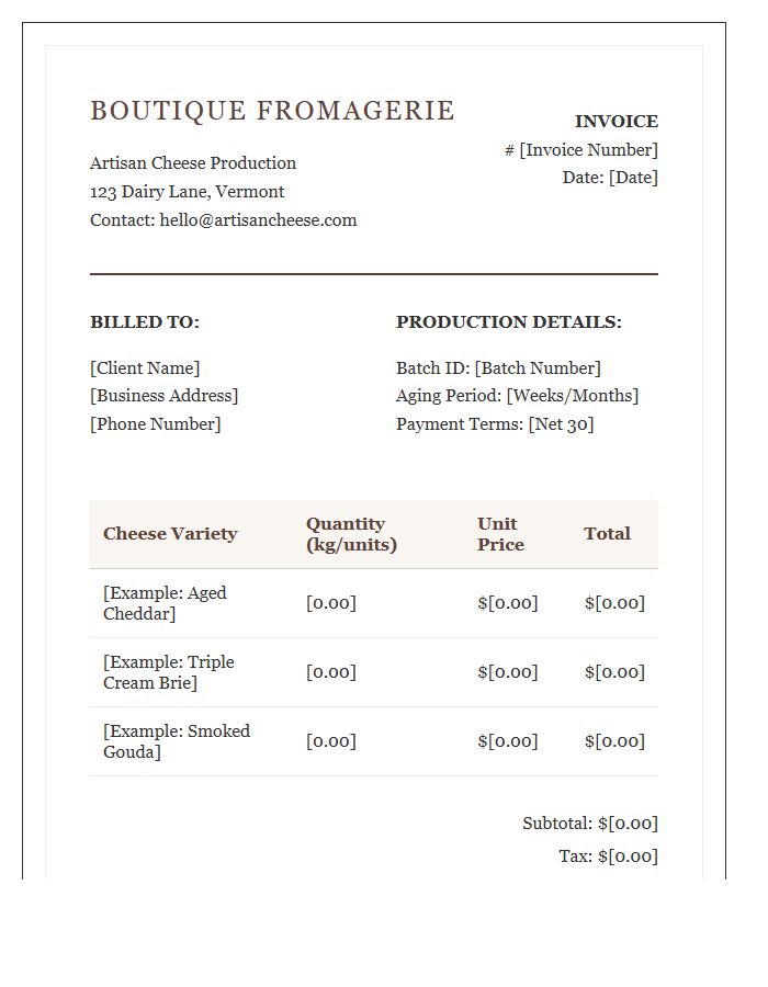 Boutique Cheese Production Invoice Template