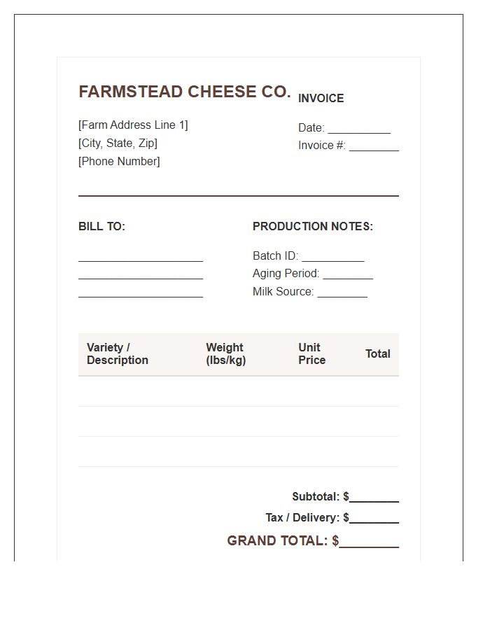 Farmstead Cheese Production Invoice Template