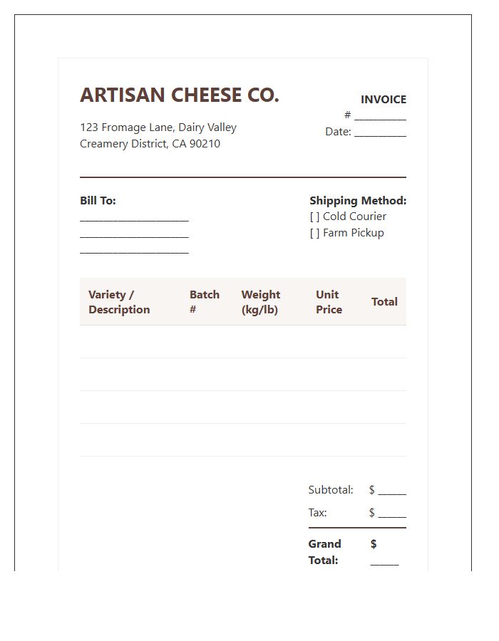 Handcrafted Cheese Sales Invoice Template