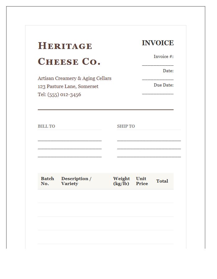 Heritage Cheese Producer Invoice Template
