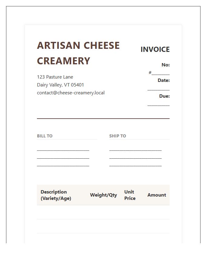 Local Cheese Creamery Invoice Template