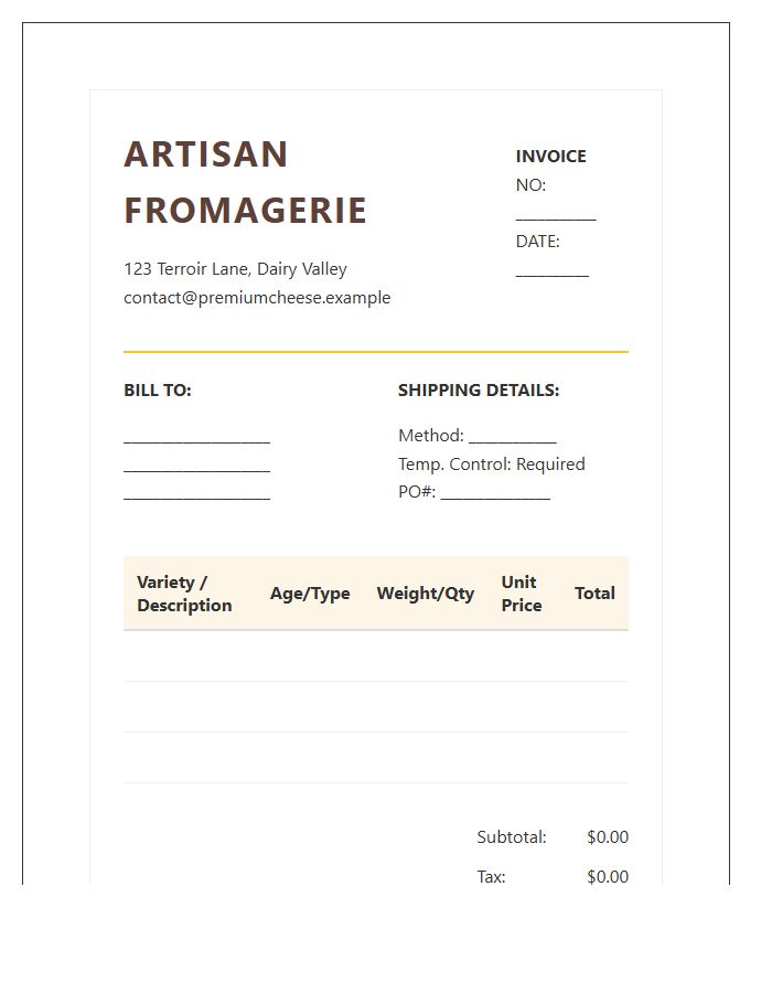 Premium Cheese Vendor Invoice Template