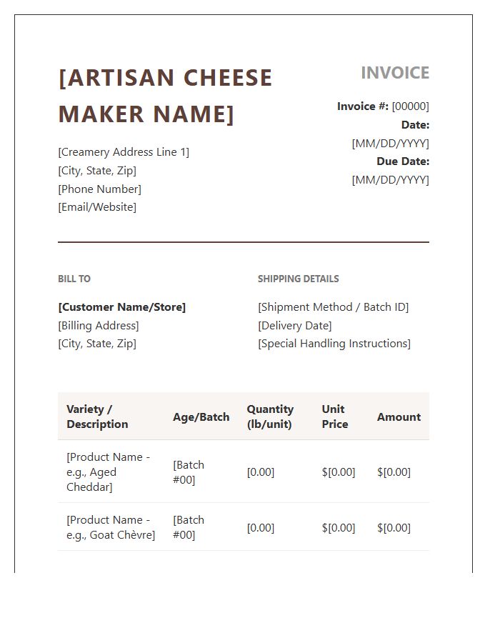 Regional Cheese Maker Invoice Template
