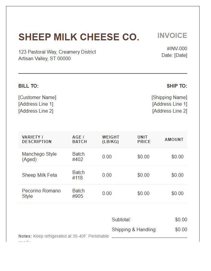 Sheep Milk Cheese Invoice Template