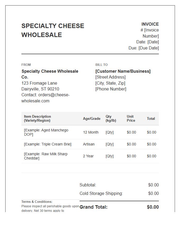 Specialty Cheese Wholesale Invoice Template