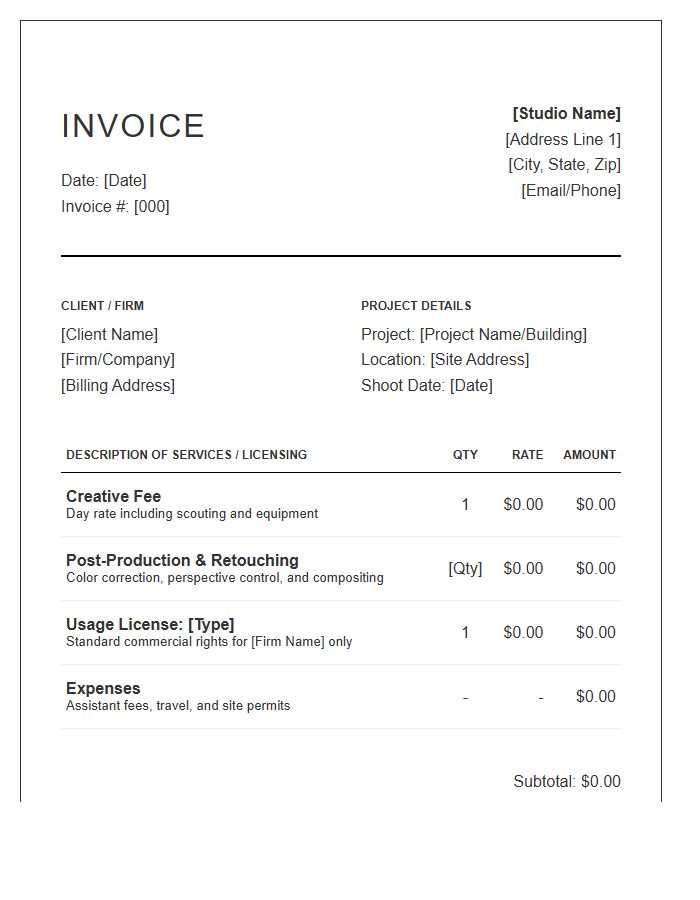 Architecture Photography Session Invoice Template