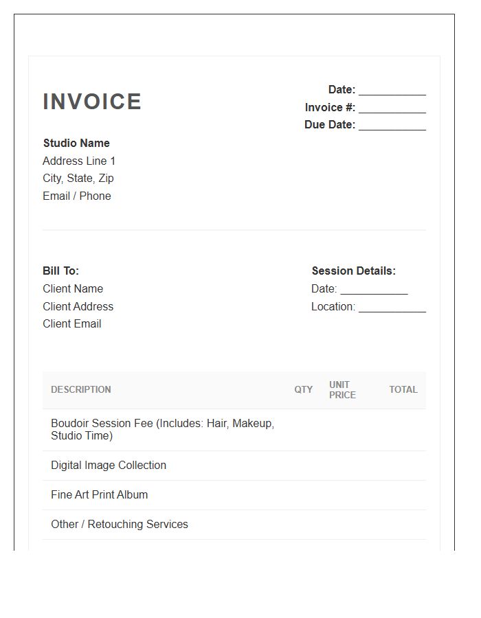 Boudoir Photography Session Invoice Template