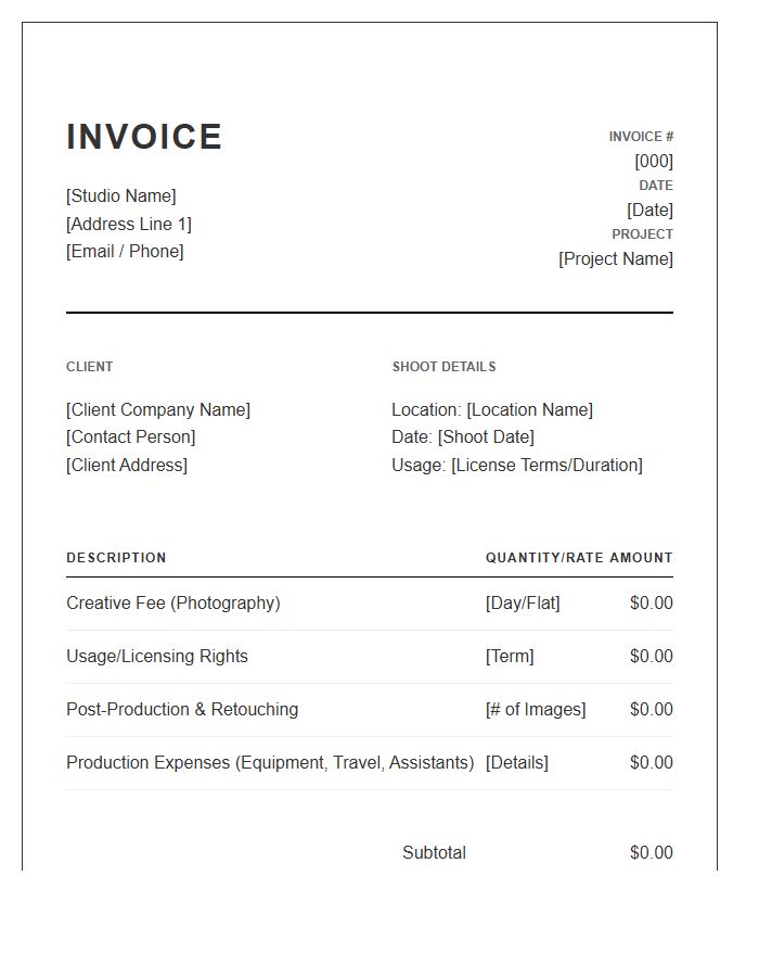 Commercial Photography Project Invoice Template
