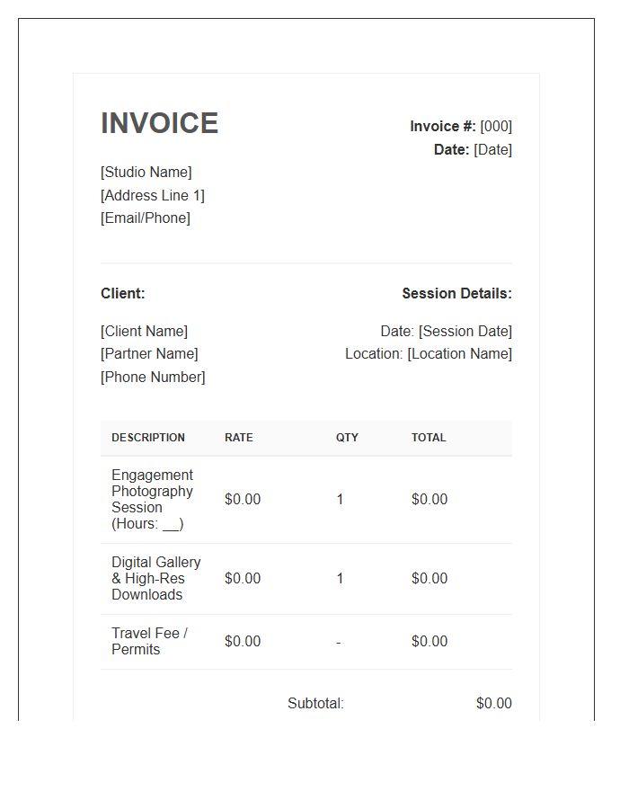 Engagement Photography Session Invoice Template