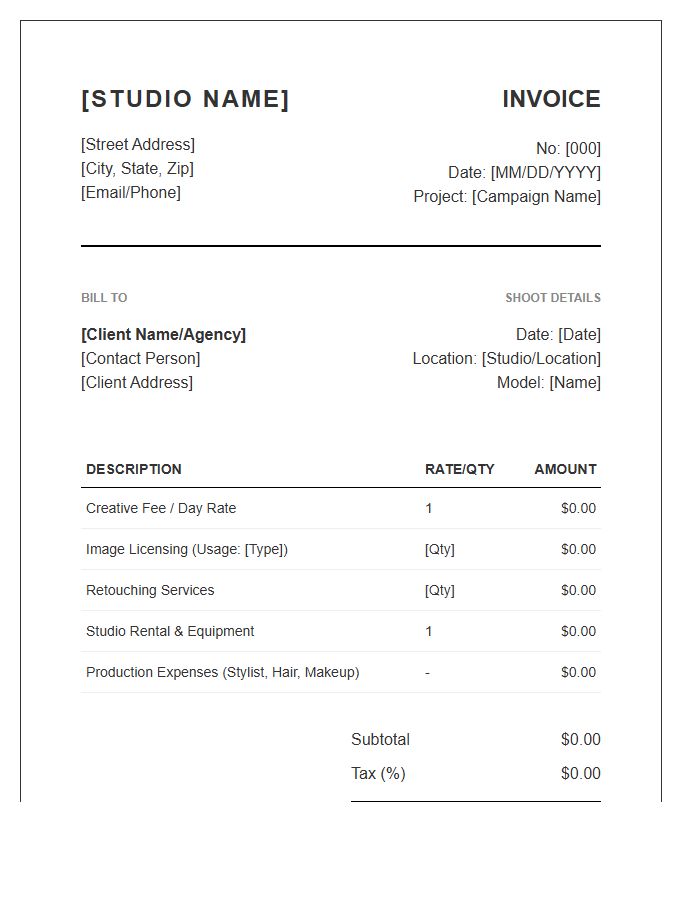 Fashion Photography Studio Invoice Template