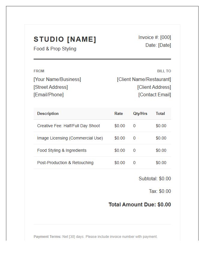 Food Photography Professional Invoice Template