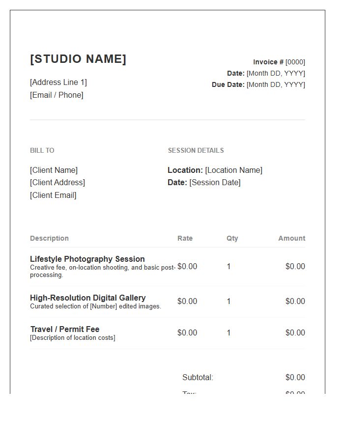 Lifestyle Photography Session Invoice Template