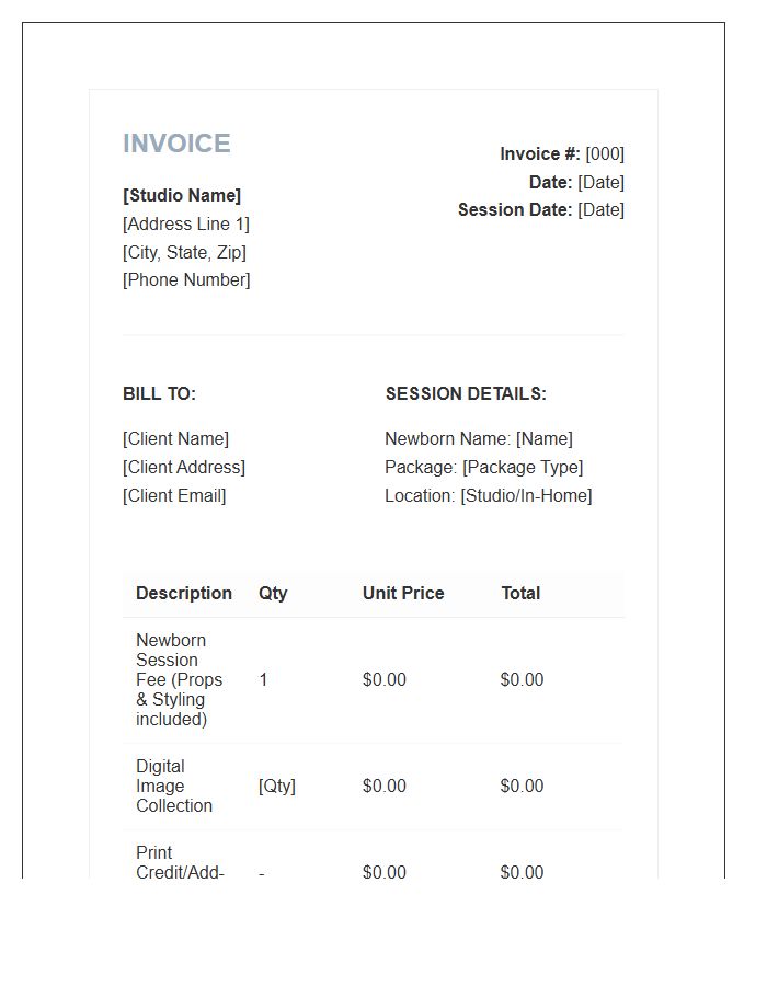 Newborn Photography Session Invoice Template