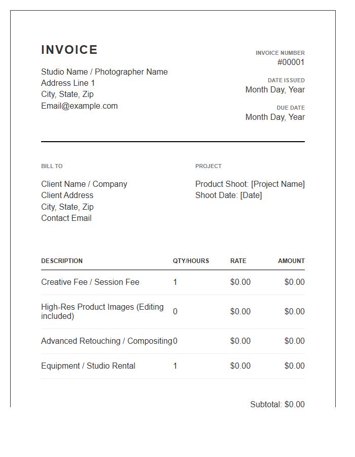 Product Photography Billing Invoice Template