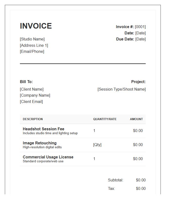 Professional Headshot Photography Invoice Template