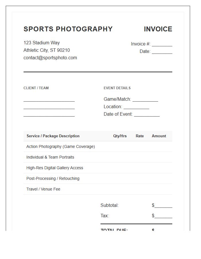 Sports Photography Service Invoice Template