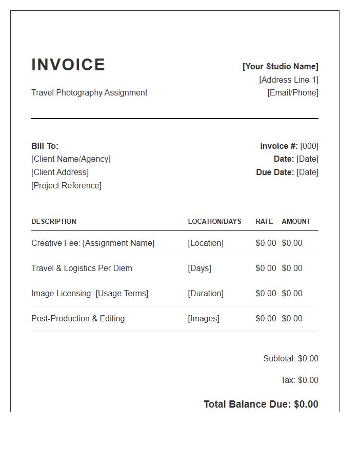 Travel Photography Assignment Invoice Template