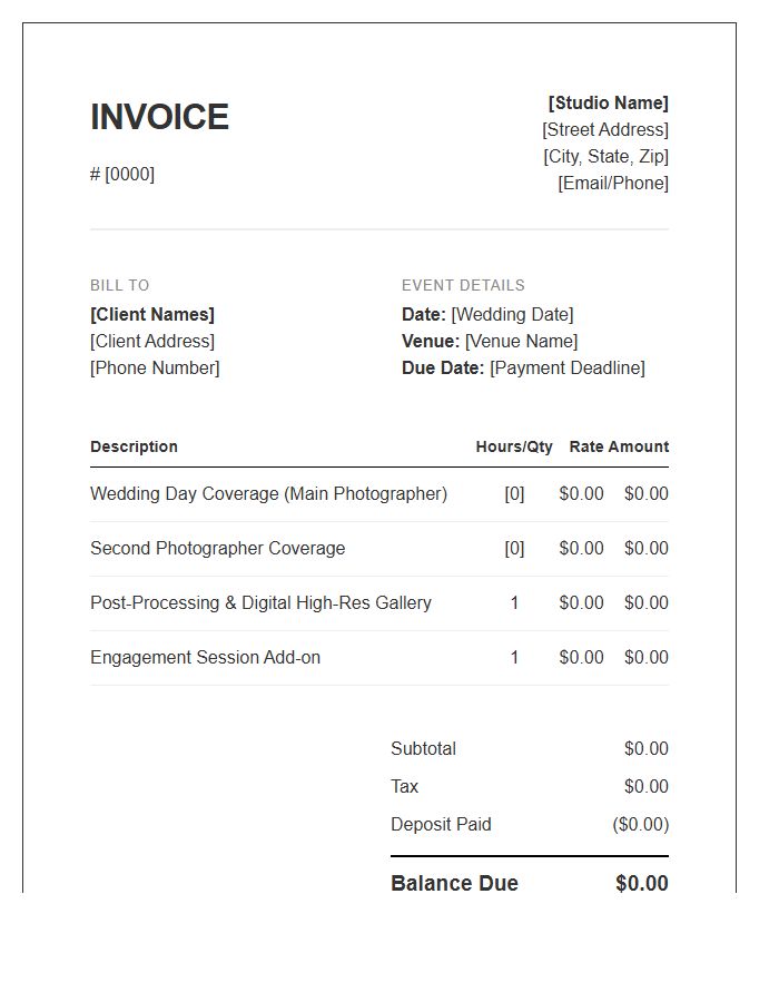 Wedding Photography Session Invoice Template