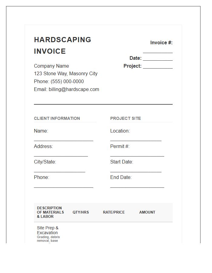 Detailed Hardscaping Service Invoice Template