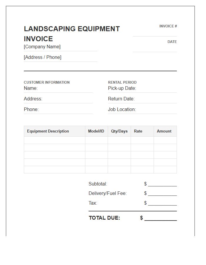 Landscaping Equipment Rental Invoice Template
