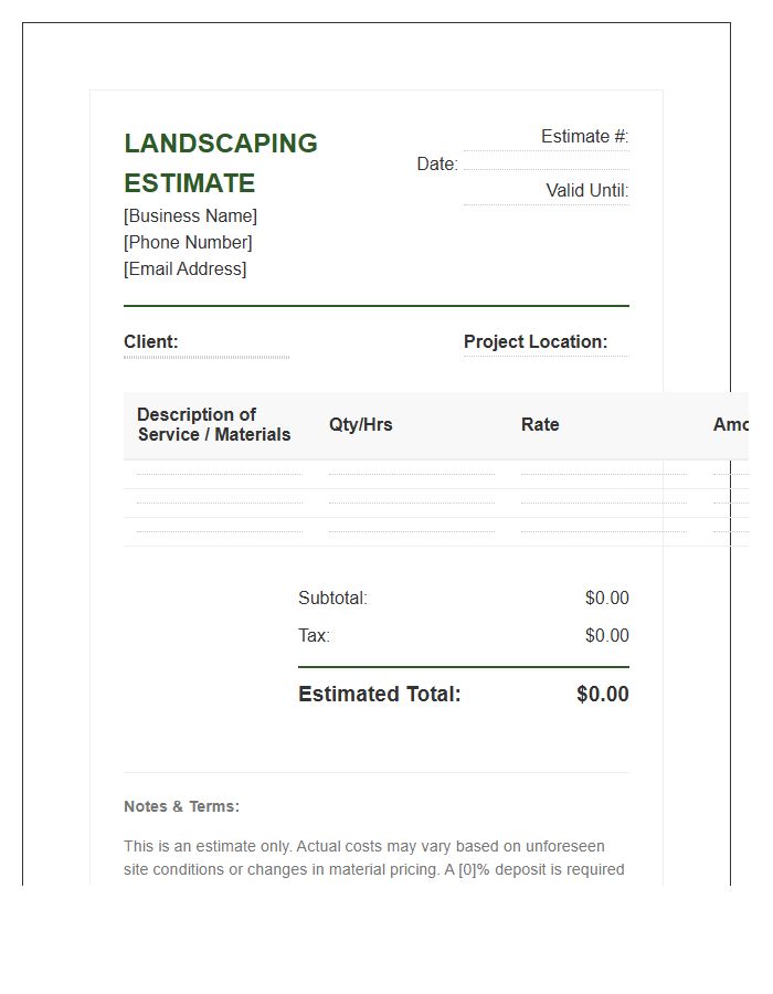 Landscaping Project Estimate Invoice Template