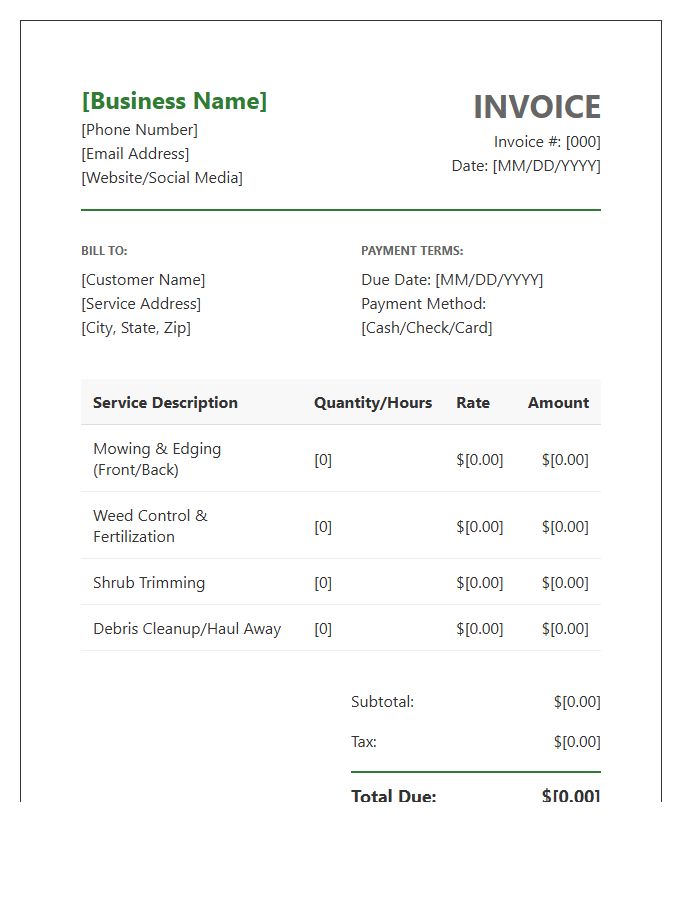 Residential Lawn Care Invoice Template