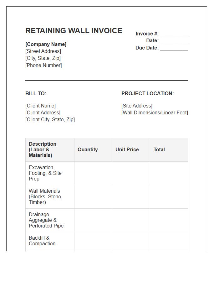 Retaining Wall Construction Invoice Template