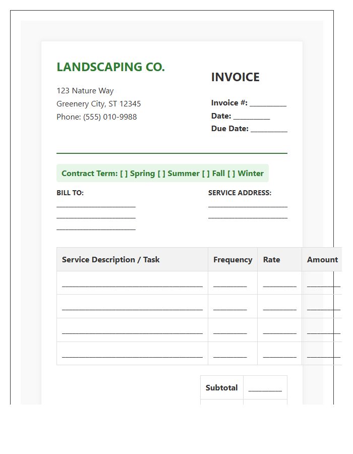 Seasonal Landscaping Contract Invoice Template