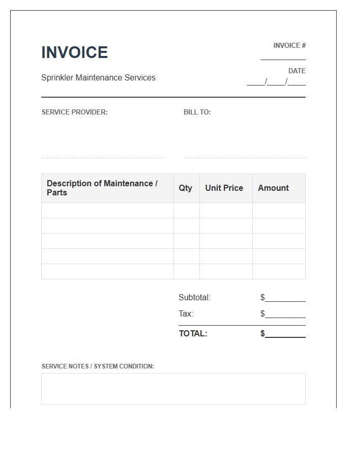 Sprinkler Maintenance Service Invoice Template