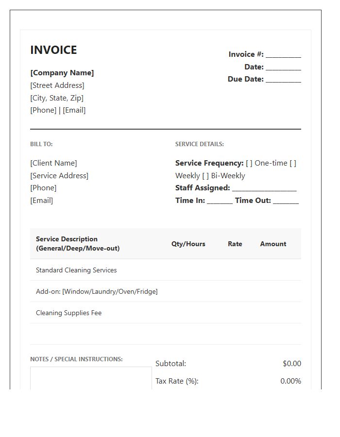 Comprehensive Housekeeping Service Invoice Template