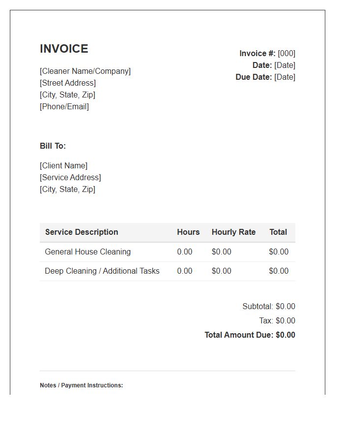 Hourly Rate House Cleaning Invoice Template