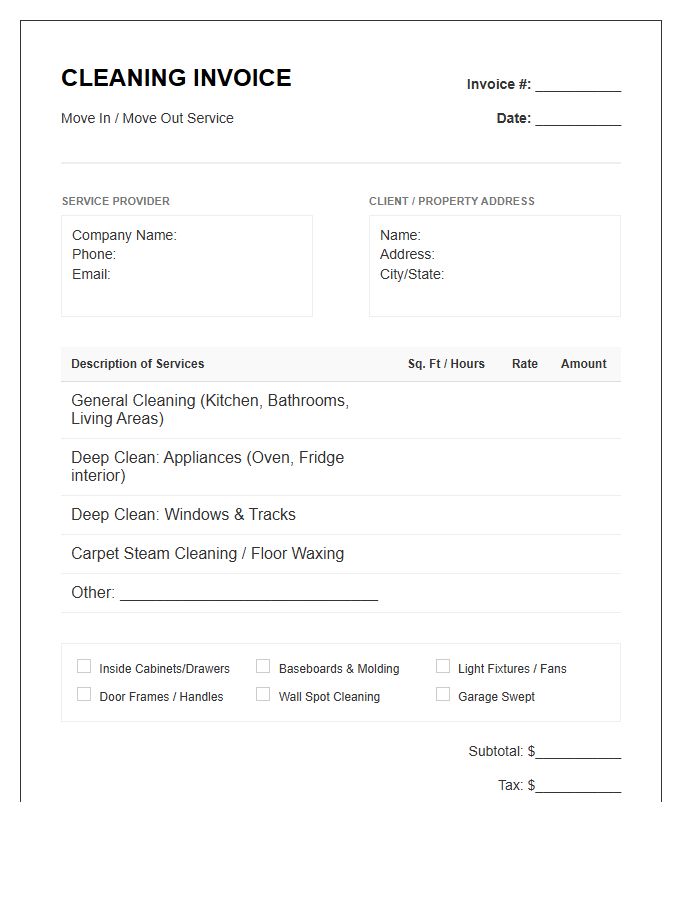 Move In Move Out Cleaning Invoice Template