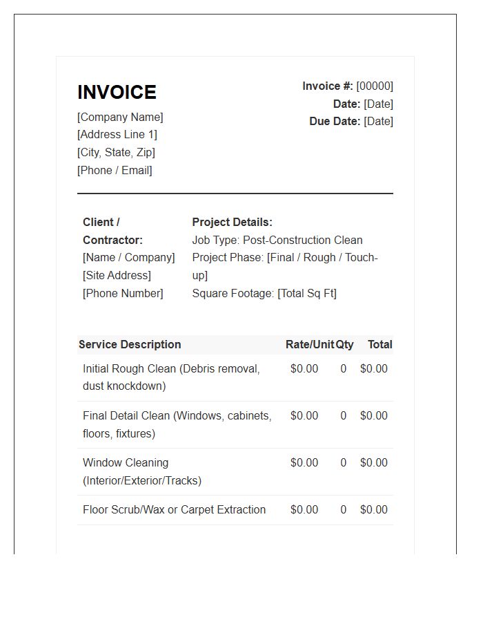 Post Construction House Cleaning Invoice Template